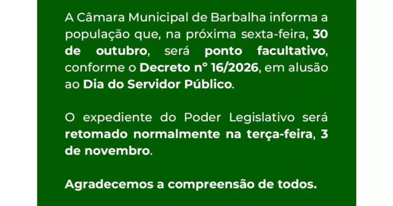 Câmara de Barbalha emite comunicado sobre ponto facultativo nesta sexta-feira